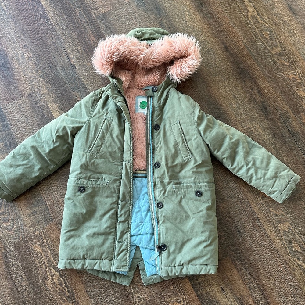 Boden Olive Green Puffer Coat with Pink Fur Lining